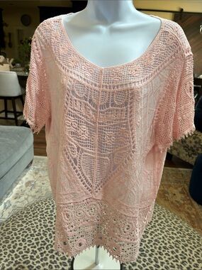 Ultra Pink Crochet Lace Tunic Top in Light Peach Pink